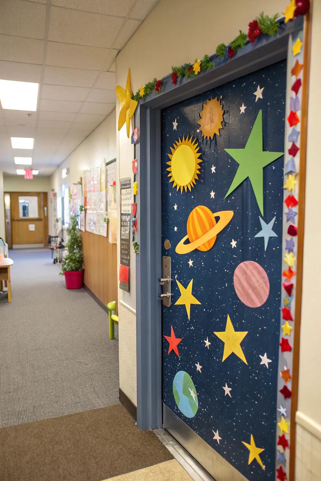 A kindergarten door with a space theme featuring celestial bodies and planets.