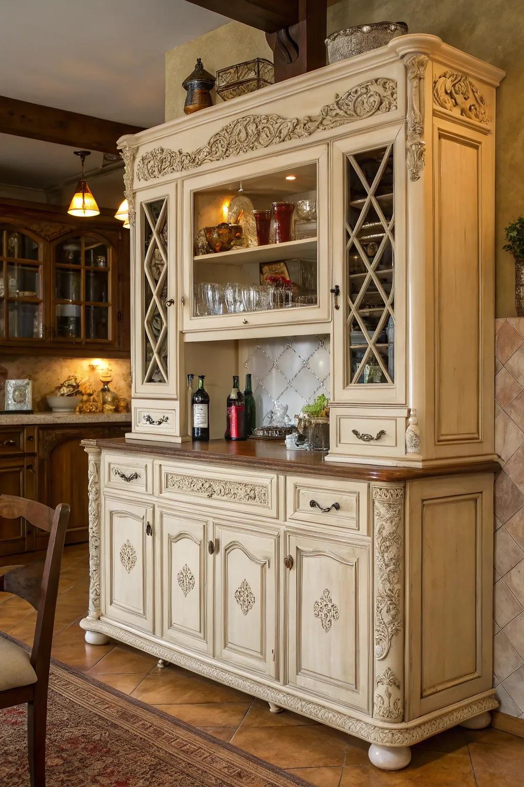 Retro charm is clear in this bar cabinet's design.