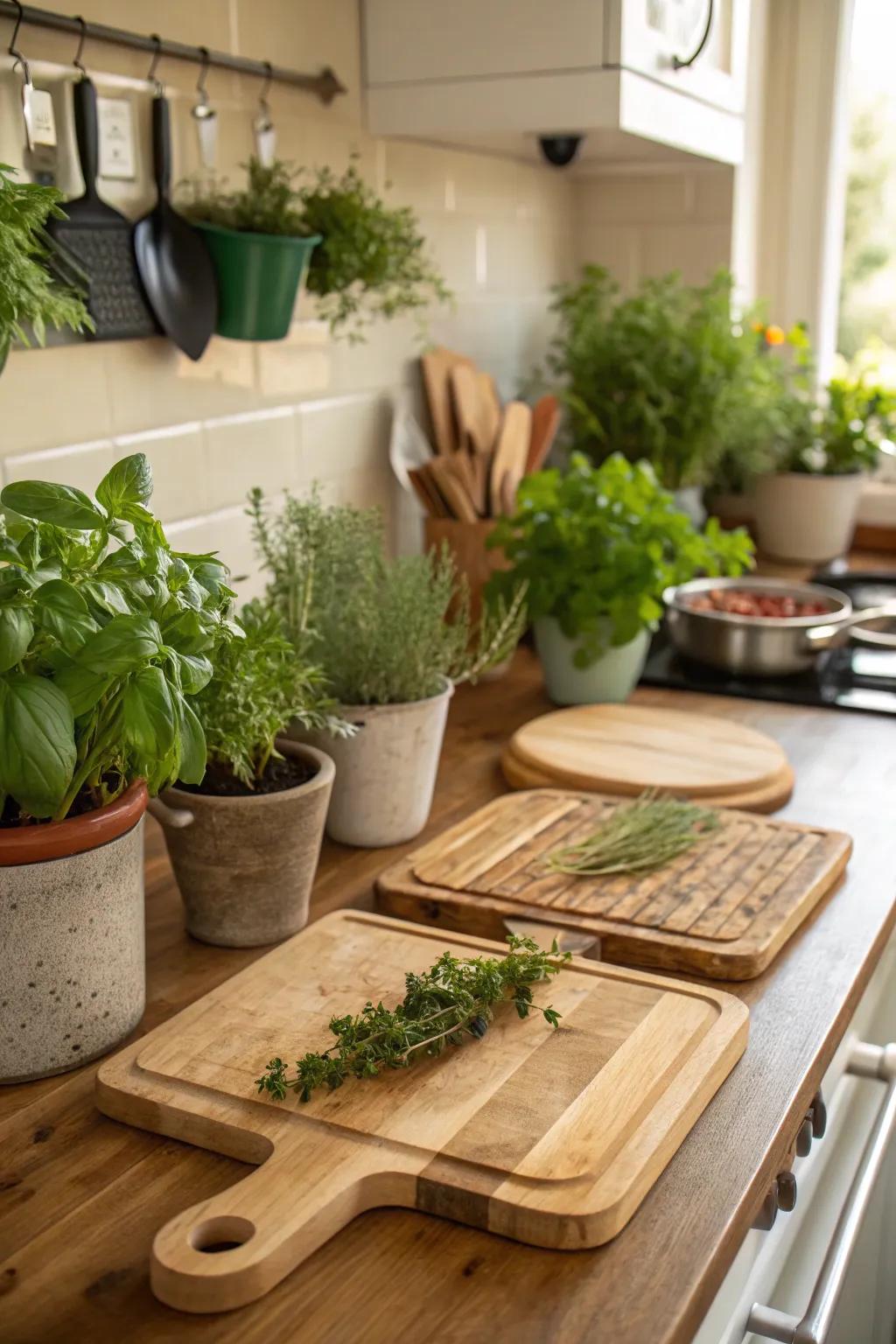 Integrating boards with greenery creates an energizing and vibrant kitchen display.