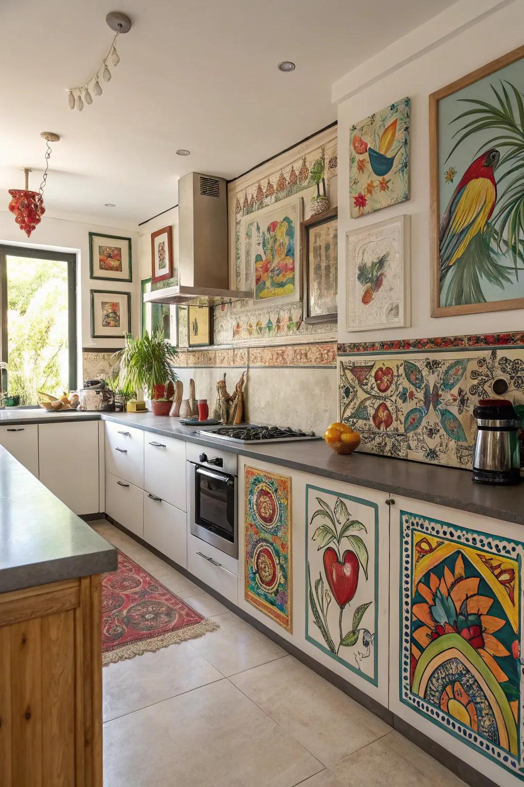 Eclectic art borders bring a gallery-like feel to your kitchen.