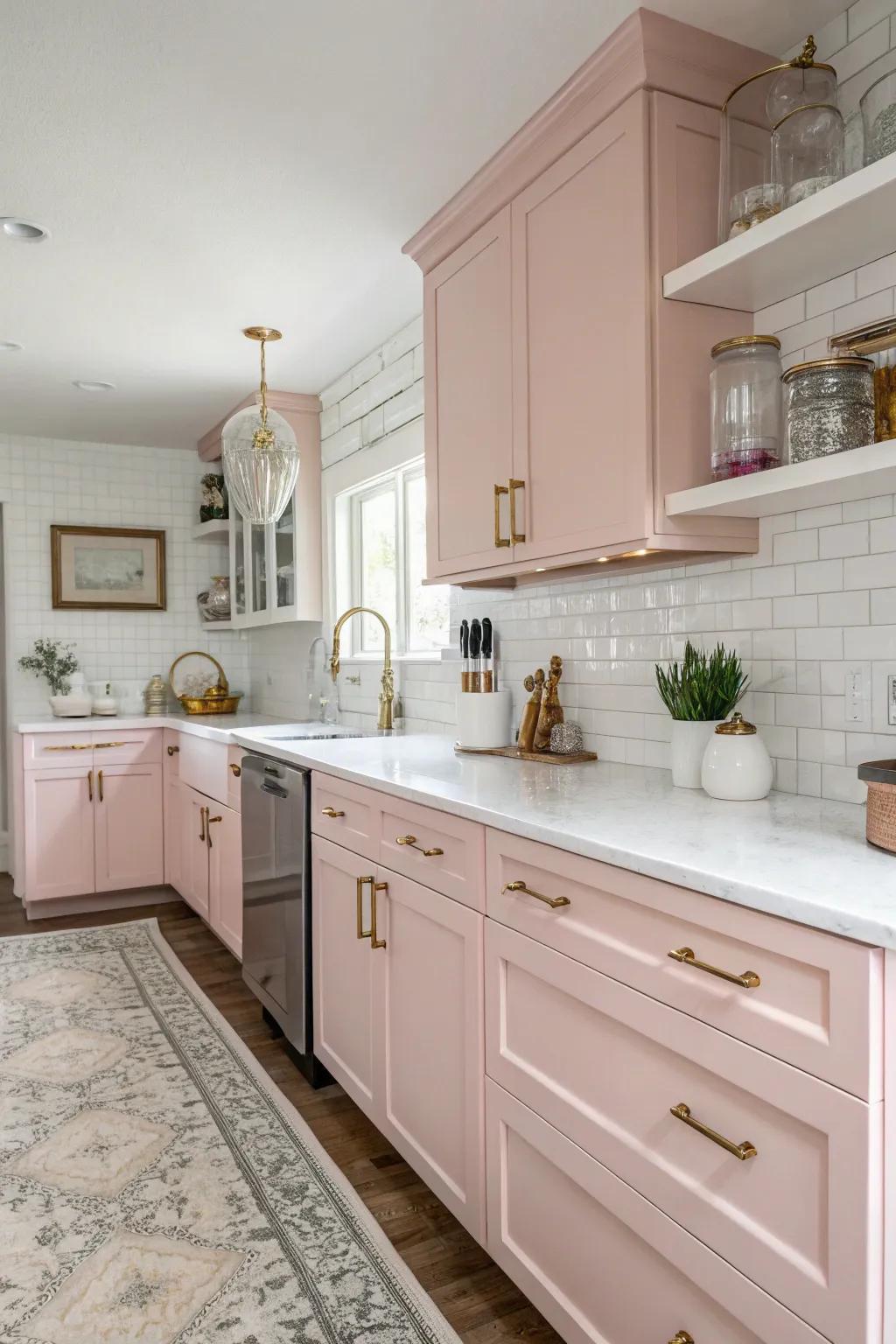 Pastel pink cabinets offer a whimsical and elegant kitchen look.