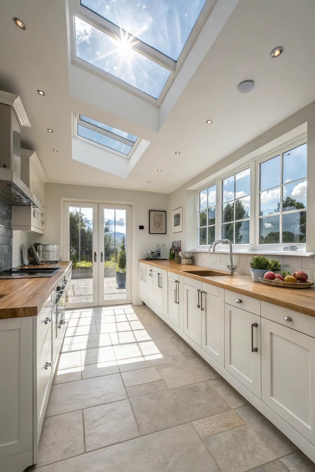 Brighten your kitchen using natural light from overhead windows.