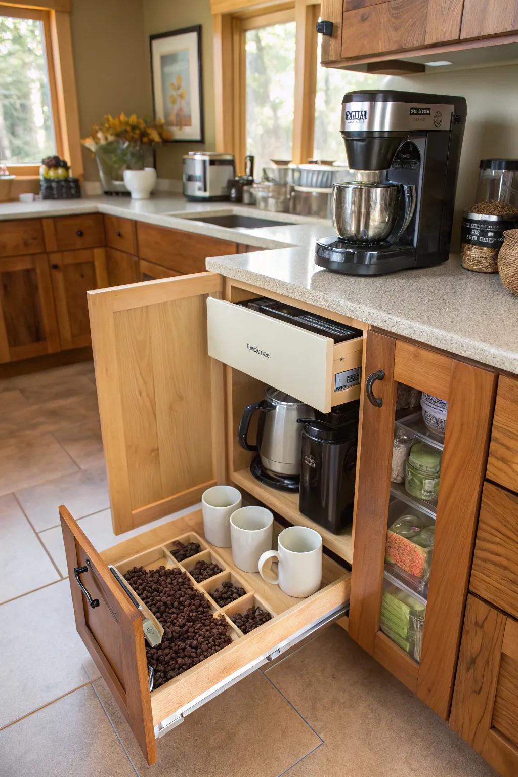 Swinging pullouts add a touch of surprise and convenience.