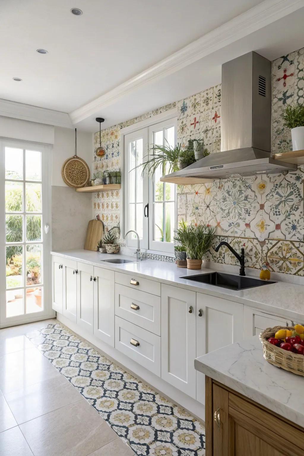 Fresh and clean aesthetics with light surfaces and intricate patterns.