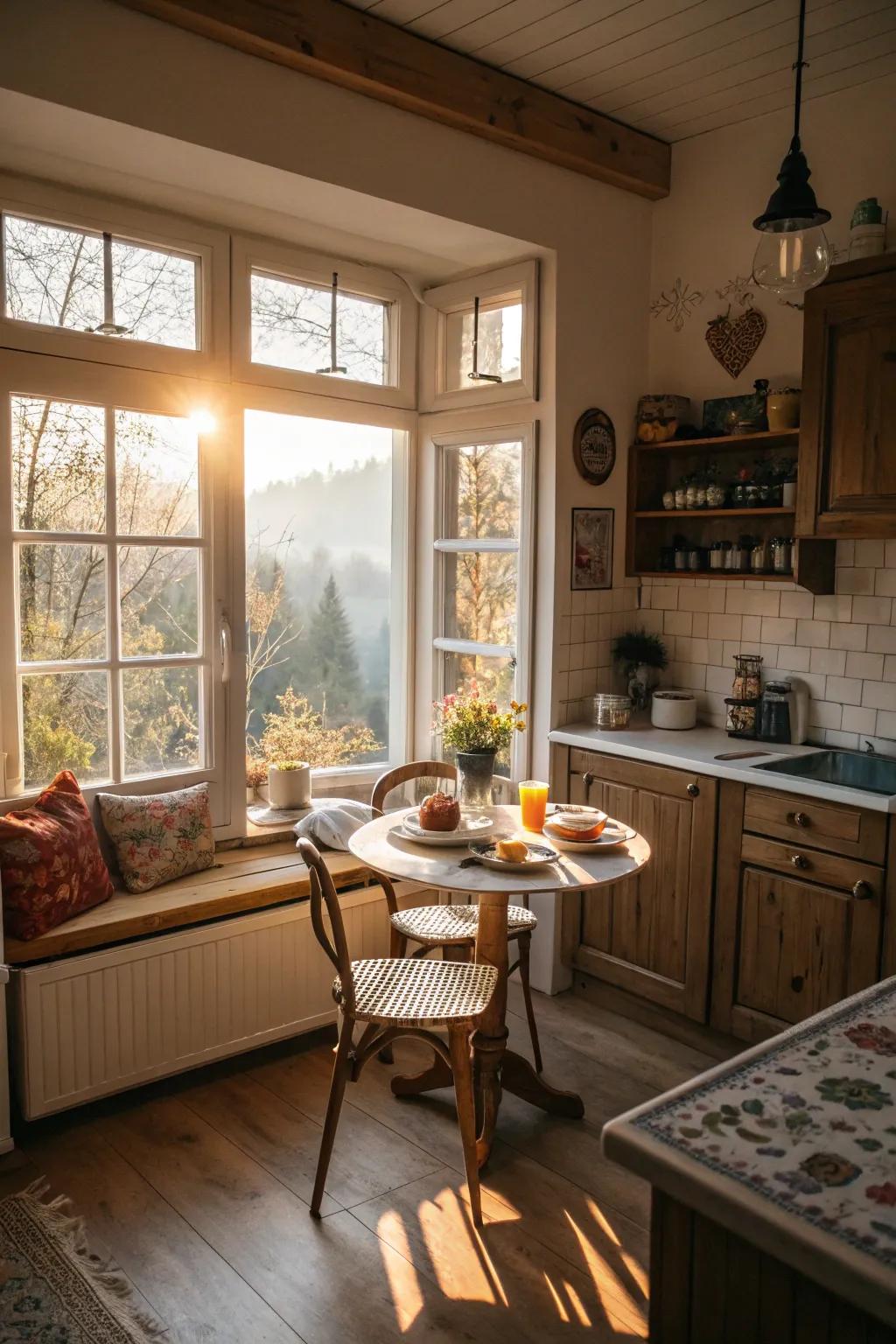 A cooking area featuring a cozy morning meal spot featuring a view.