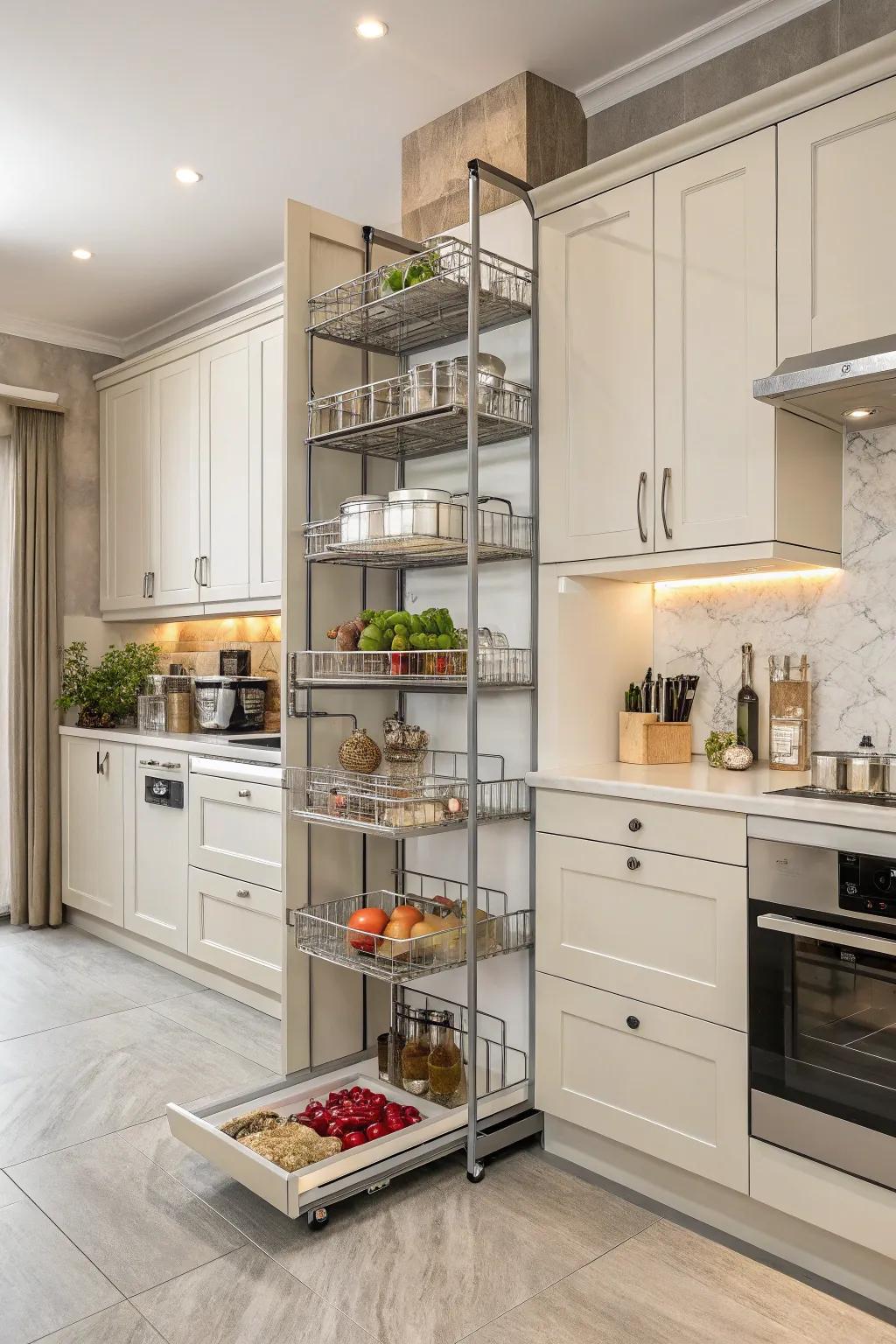 Customizable shelves provide flexibility and adaptability for evolving kitchen needs.
