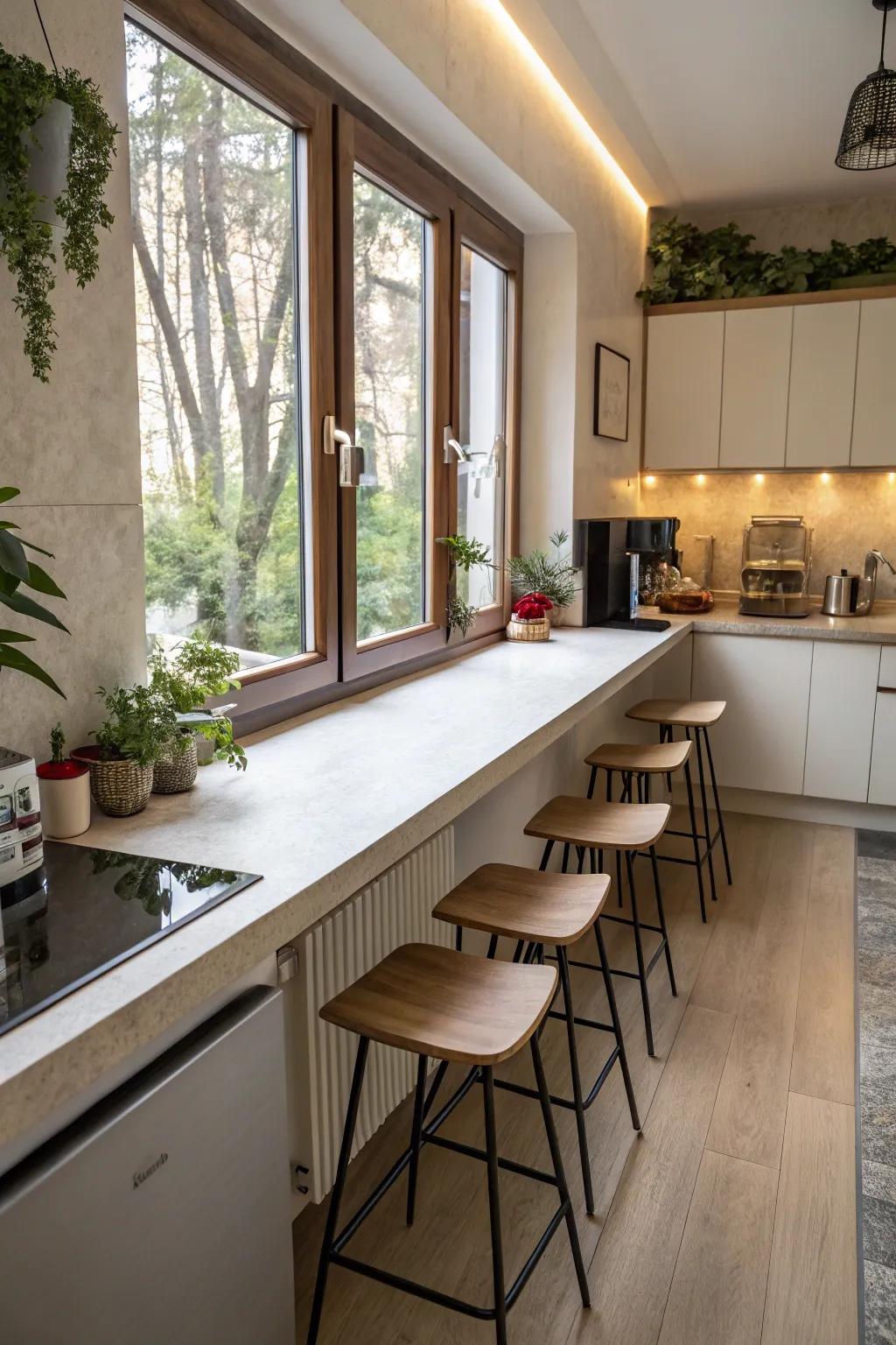 Café window seating maximizes space and light.