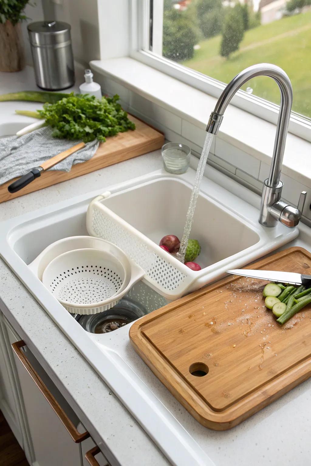 A versatile kitchen sink equipped with practical add-ons for efficiency.