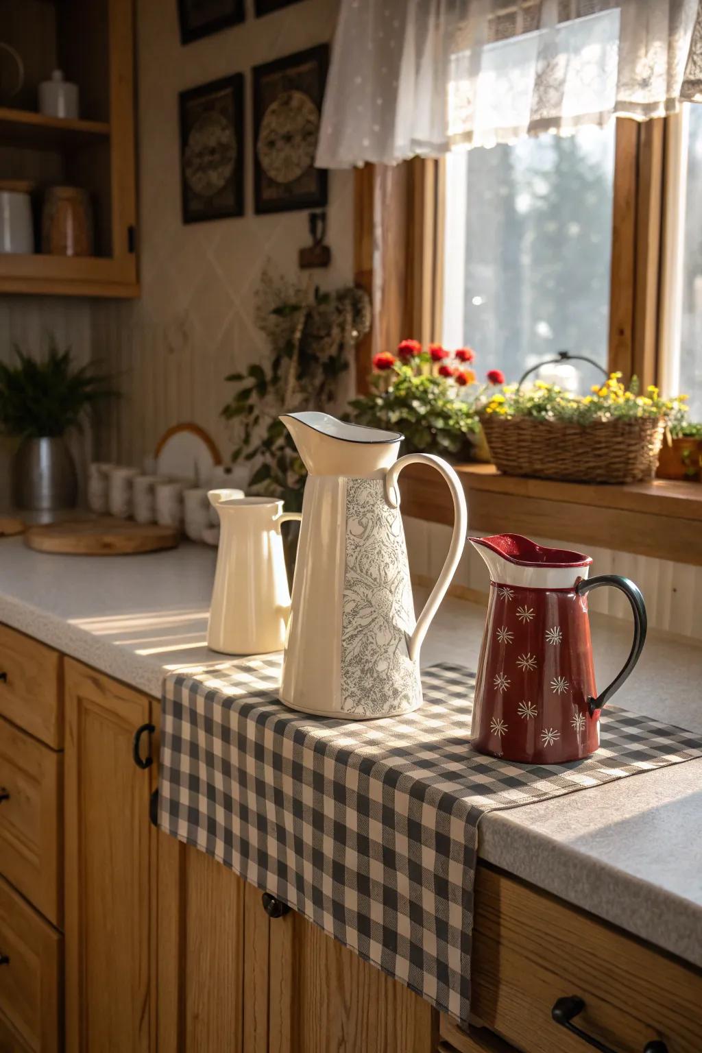 Decanters and tall pots add charm and utility.