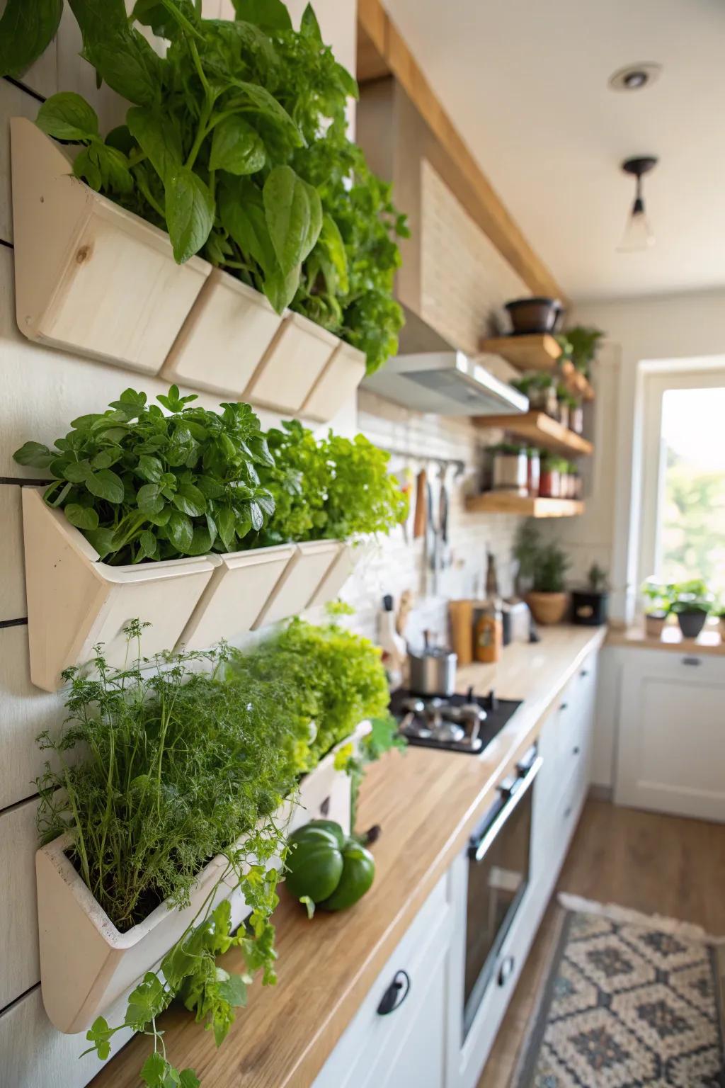 A kitchen features wall-mounted planters with fresh greenery.