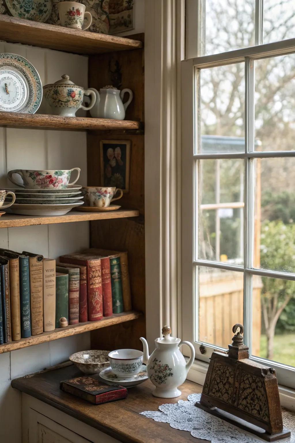 Vintage finds adding a sense of nostalgia and character to kitchen window shelves.