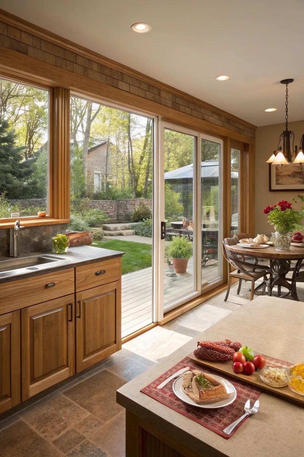 A kitchen featuring service hatch windows leading to an inviting patio.