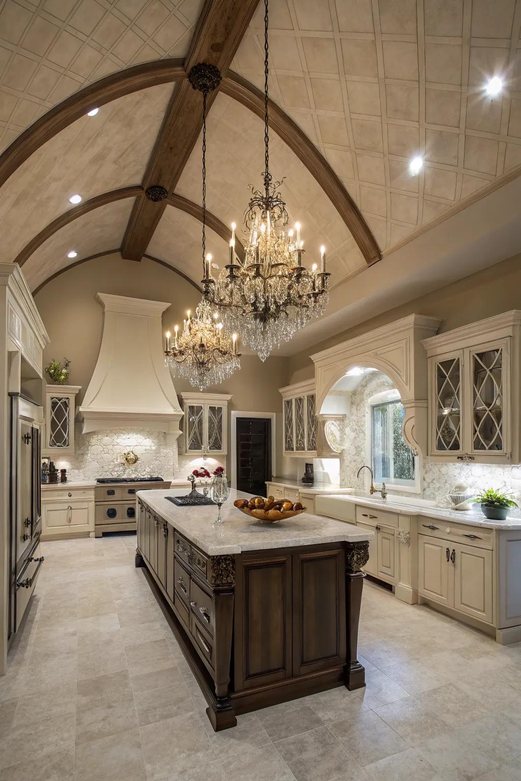 A dramatic chandelier infuses sophistication into this kitchen, accentuated by a vaulted ceiling.