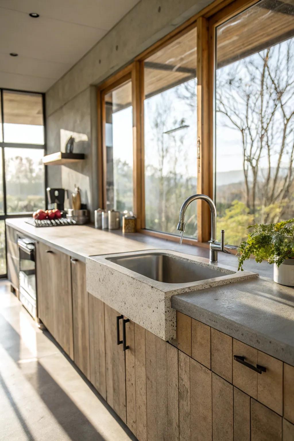 A cooking space with engineered stone worktops lit by abundant sunlight.