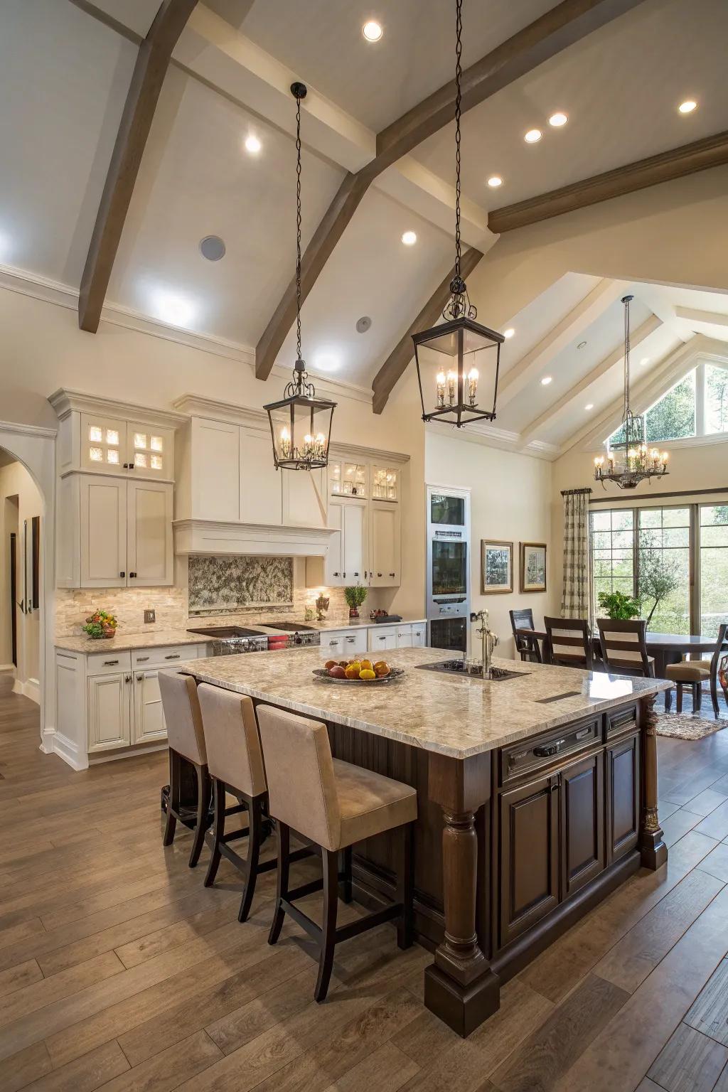 A kitchen centerpiece creates a central gathering point in this spacious kitchen.