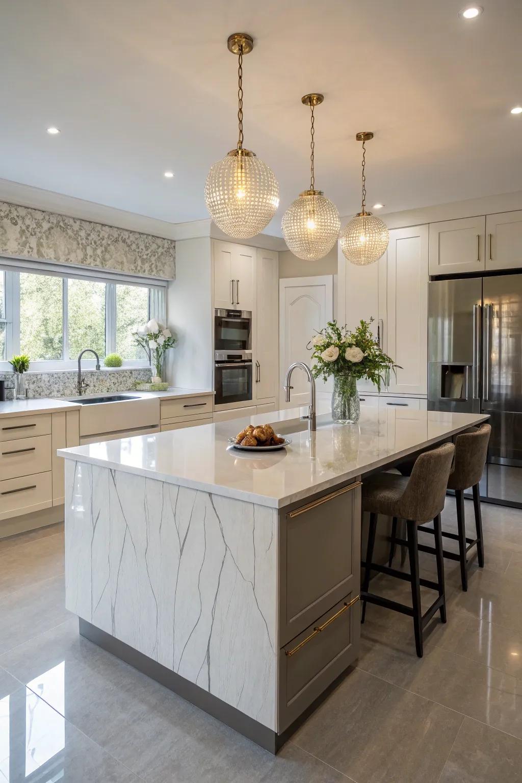 A statement quartz island as the centerpiece of the kitchen.