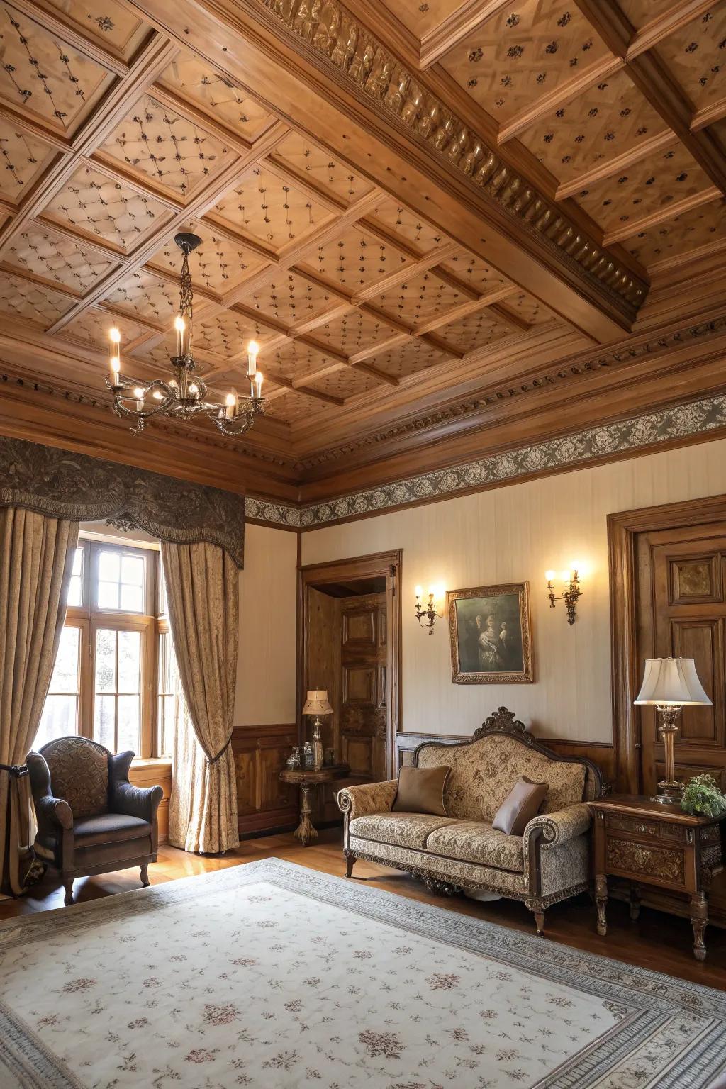 An elegant room where crown molding complements the pine planked ceiling.