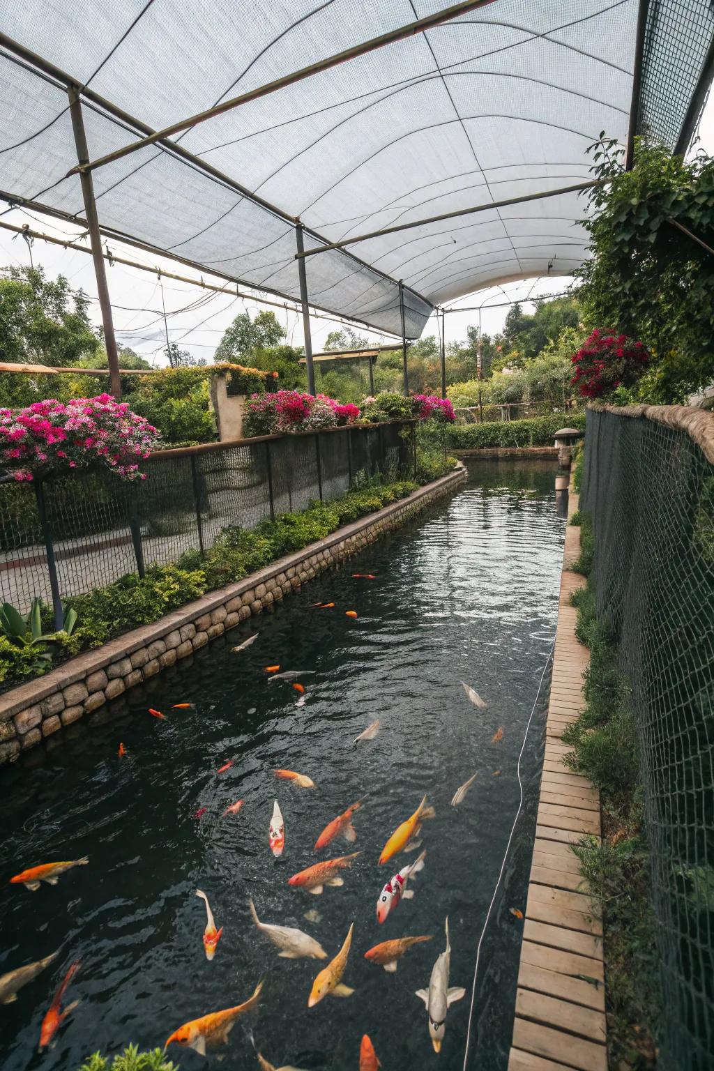 A koi pond with fencing and overhead covers providing shade.