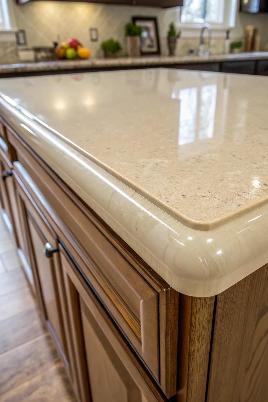 Edge styles in synthetic stone countertops contribute distinctive character.