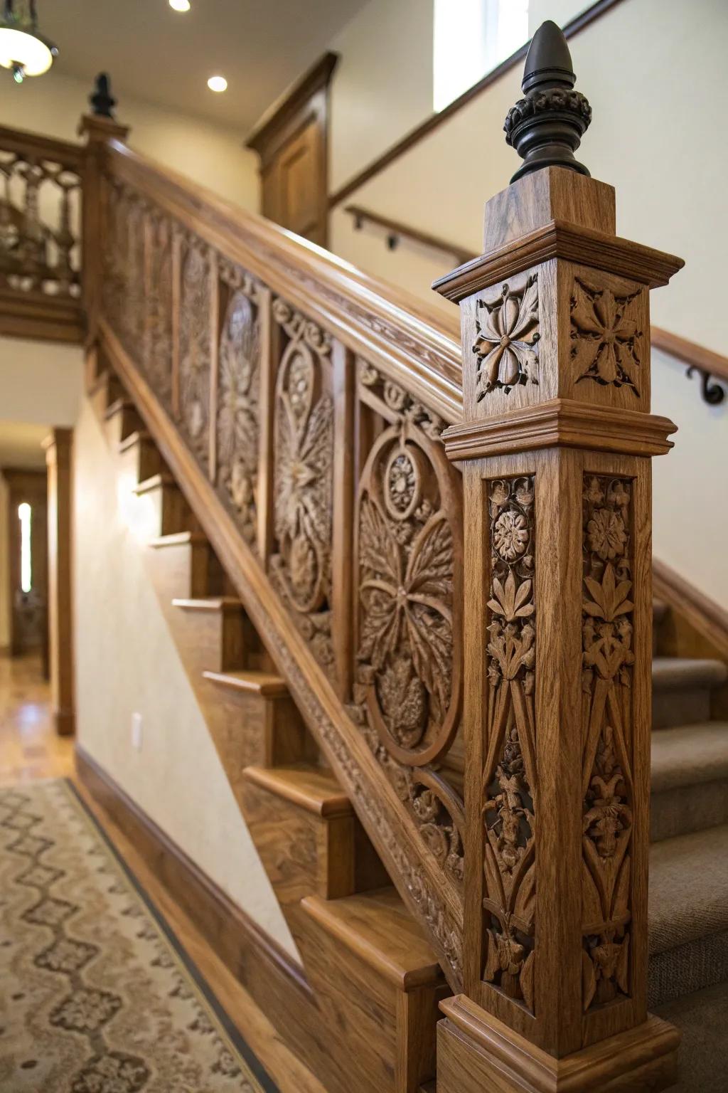 Custom banister with personalized motifs adding character.