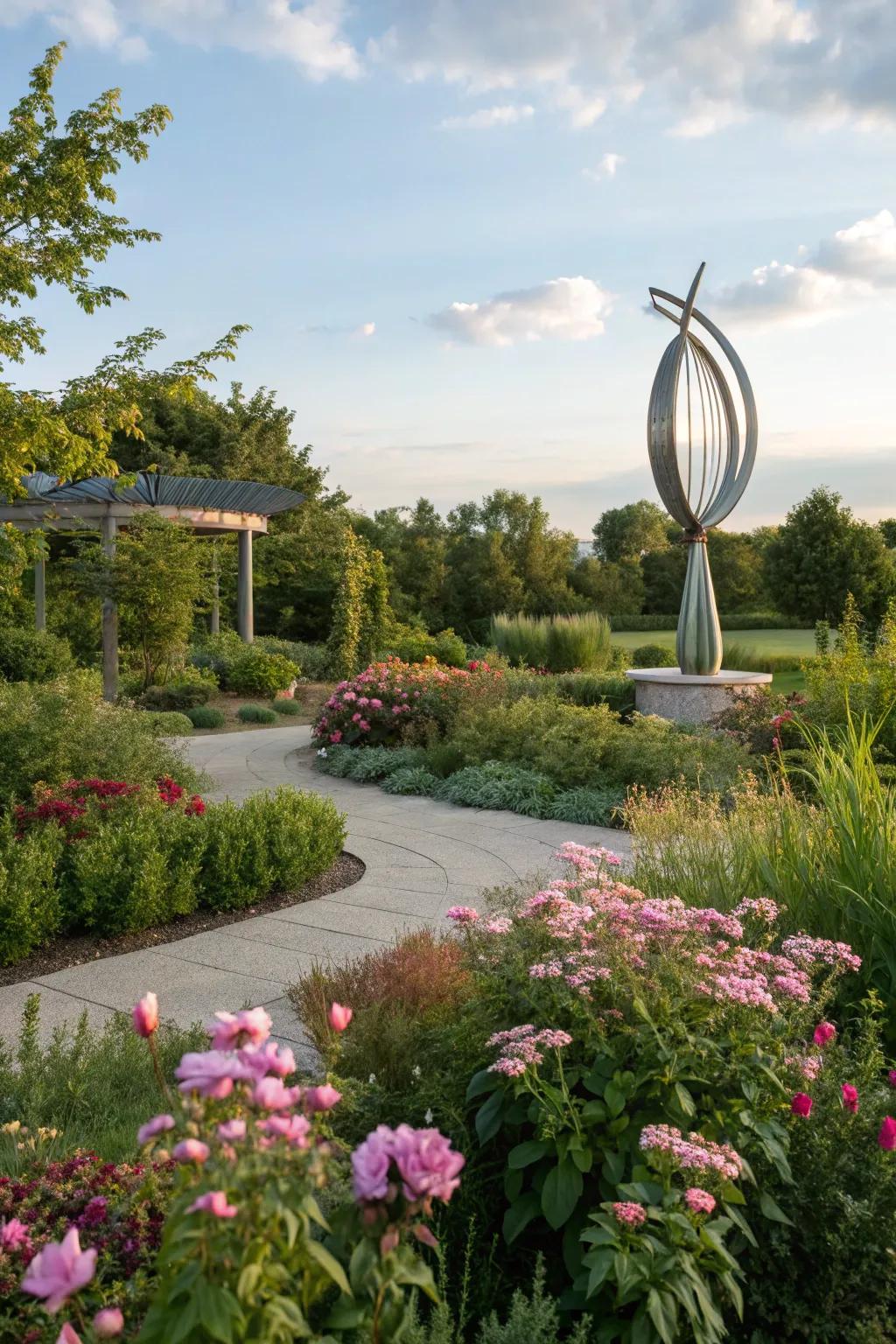 A garden featuring a modern sculpture, adding artistic flair to the landscape.