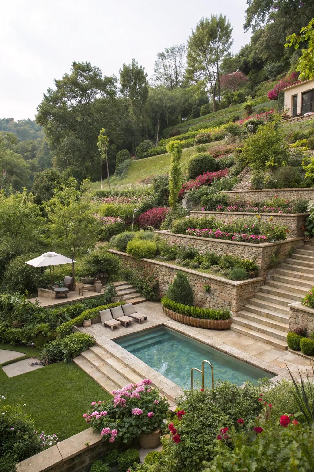Layered landscaping adds dimension while discreetly covering pool equipment.