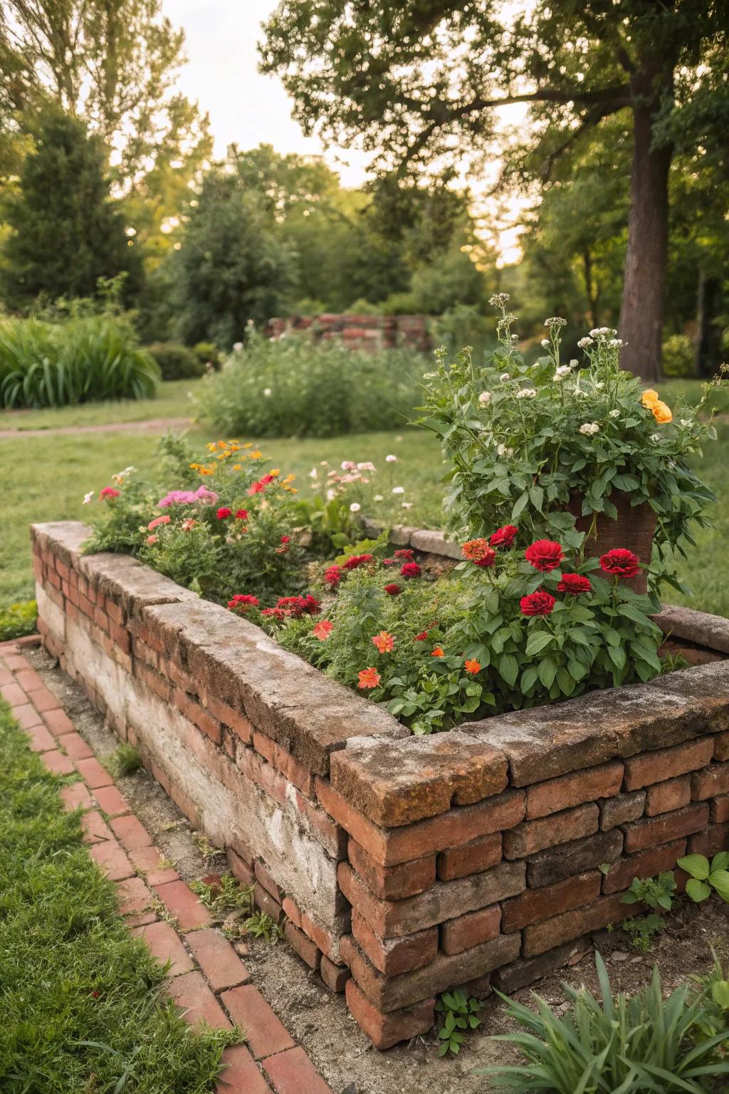 Old stones give a classic look to raised garden beds.
