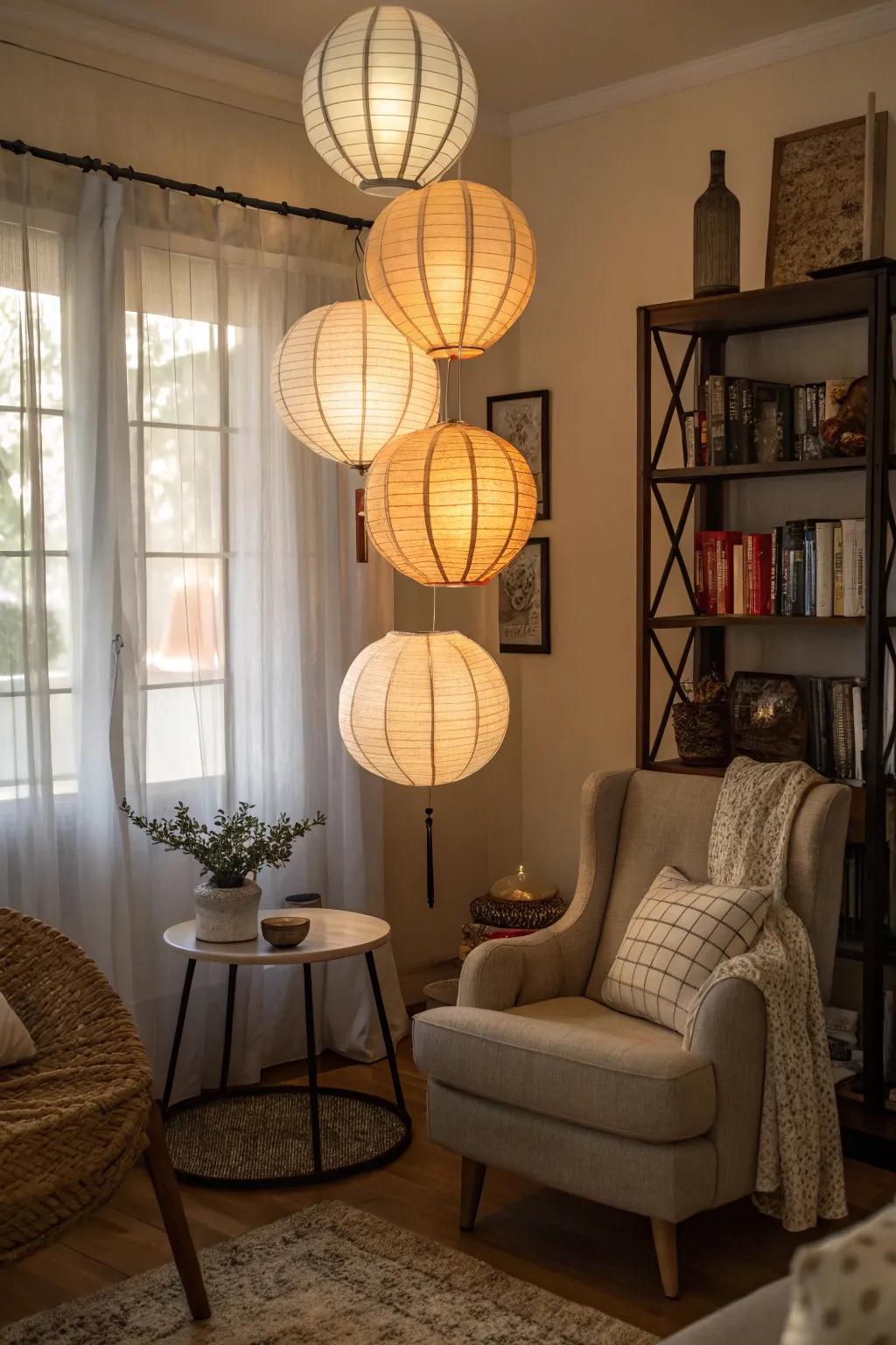 Layered luminaries introduce depth and warmth to any nook.