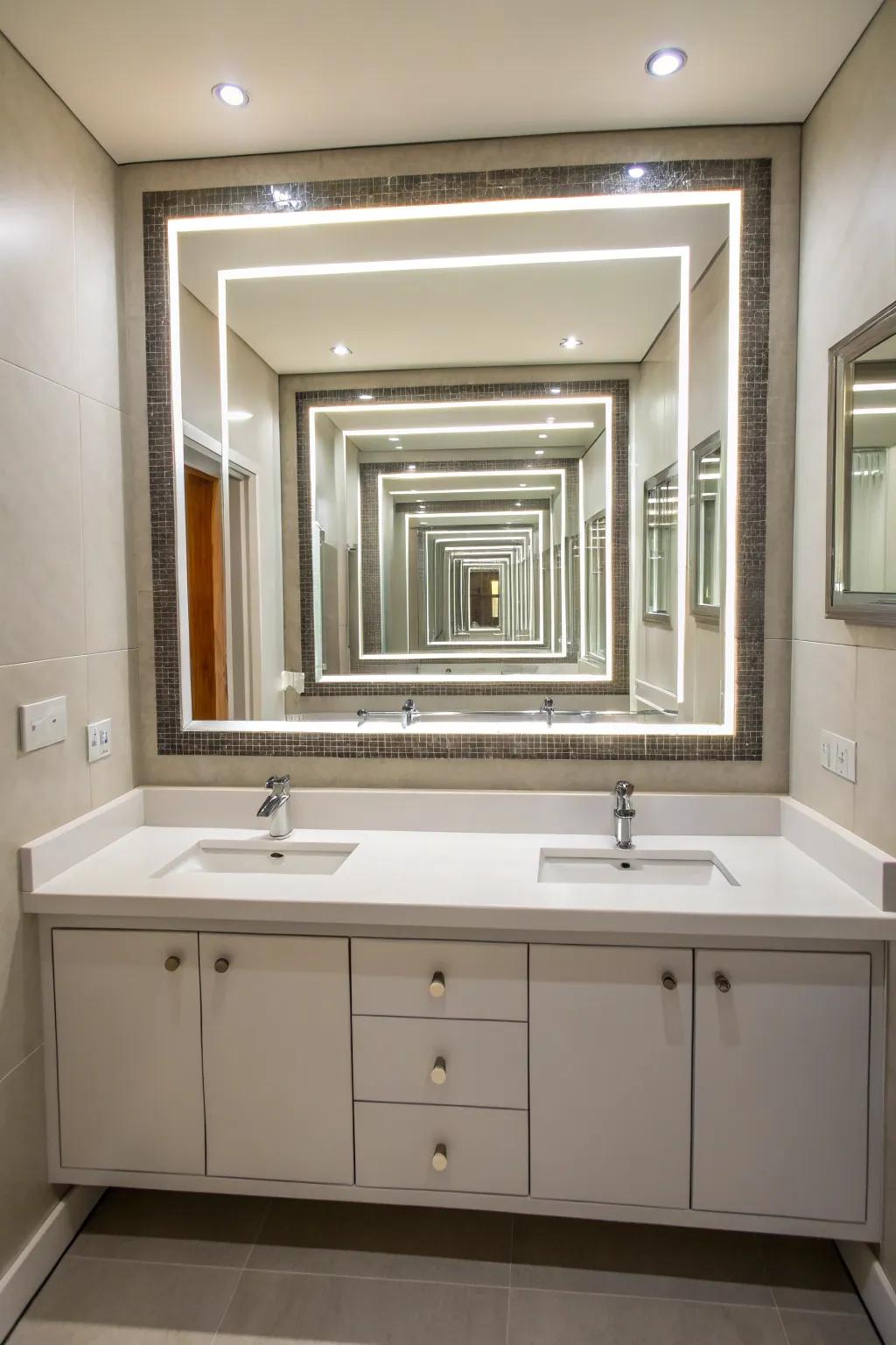 Layering mirrors increases depth and visual allure in bathroom settings.