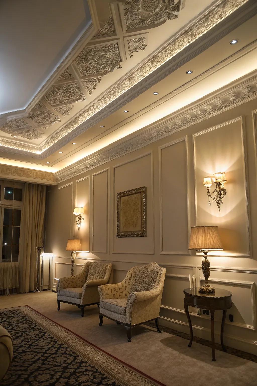 An area showcasing illuminated ample trim outline, heightening the ambiance with delicate illumination.