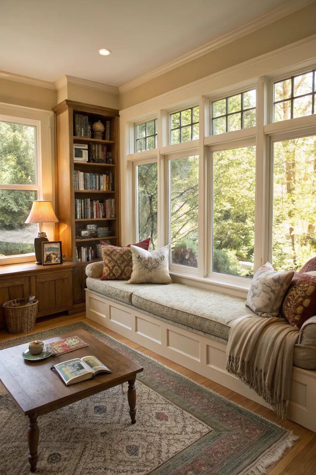 A pleasant window-adjacent seating expanse impeccably tailored for relishing the landscape or unwinding via literary pursuits.
