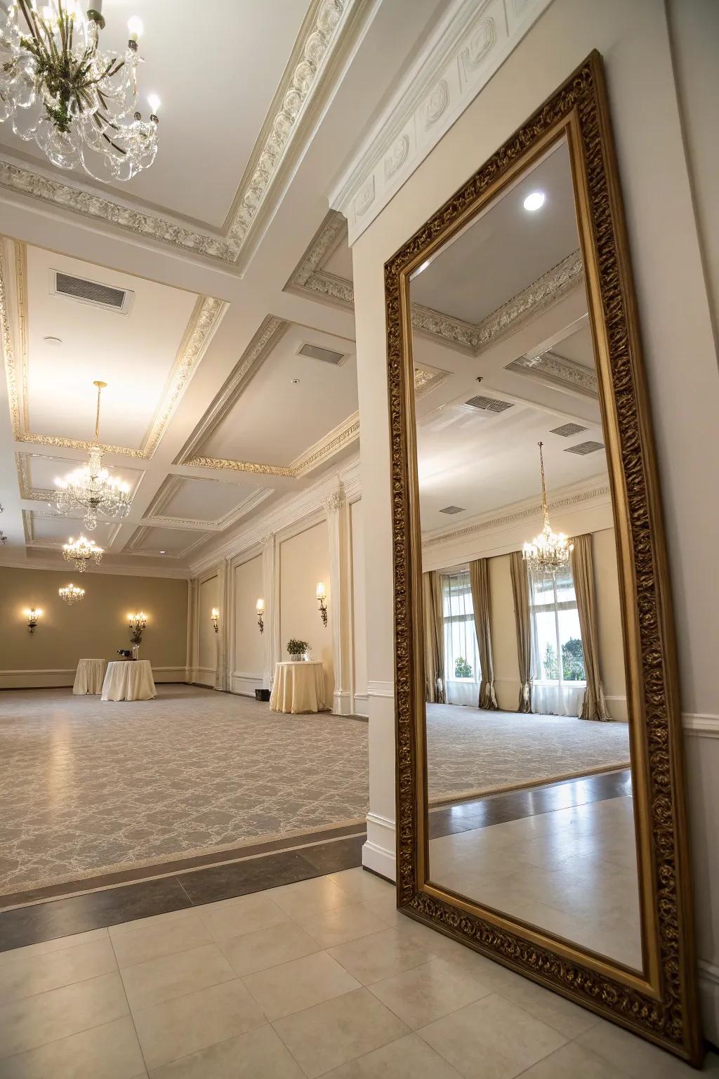 A tall mirror makes this high-ceiling room appear even more grand.