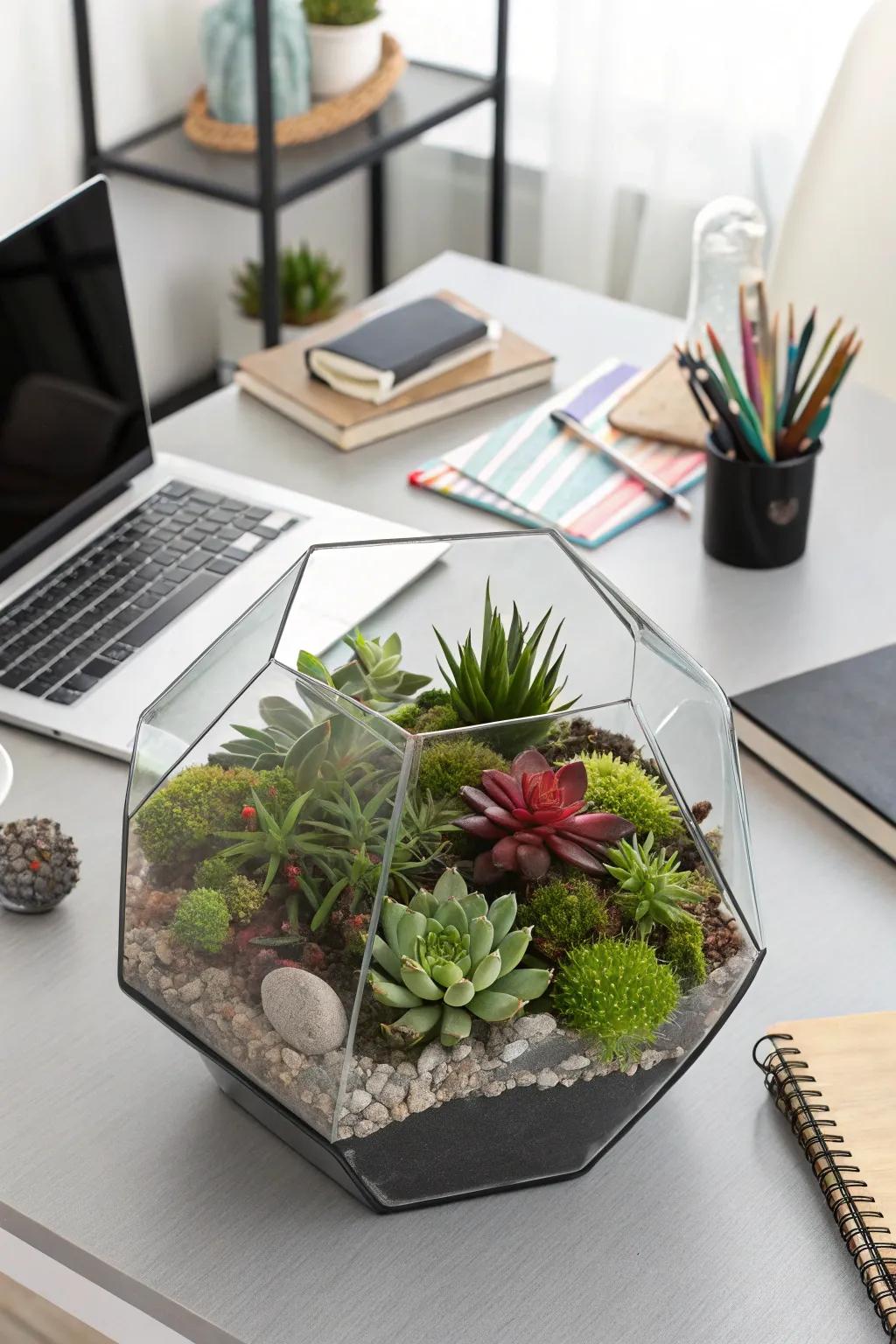 A fashionable glass case highlighting a rich succulent landscape.