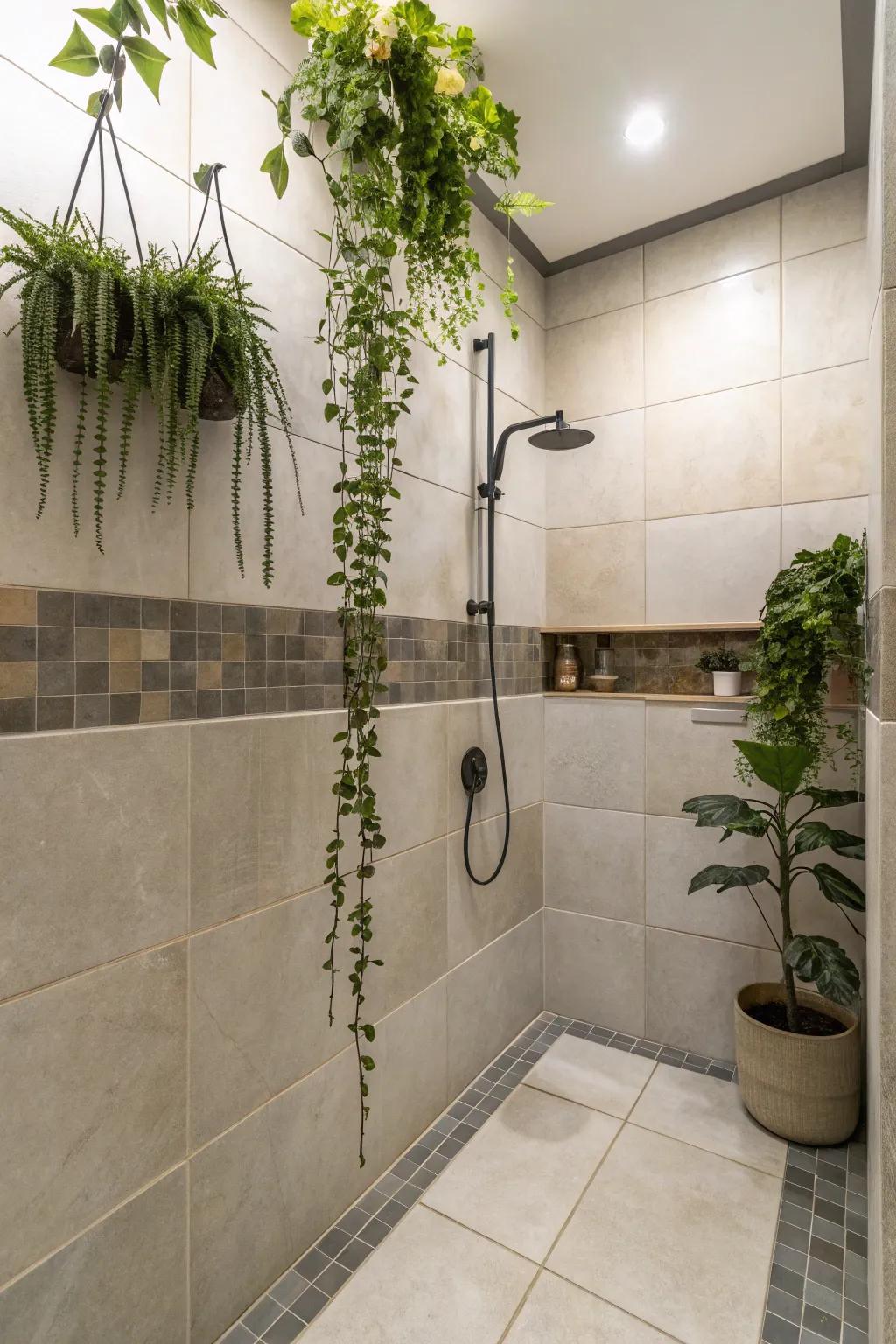 Plants introduce a natural freshness to large tile showers.