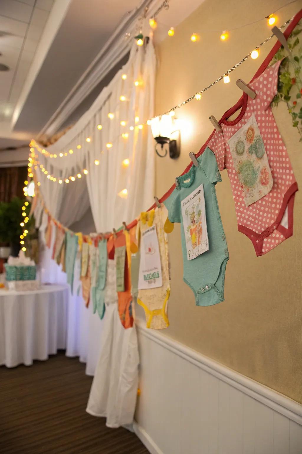 A creative banner made from fabric pieces adds a unique look.