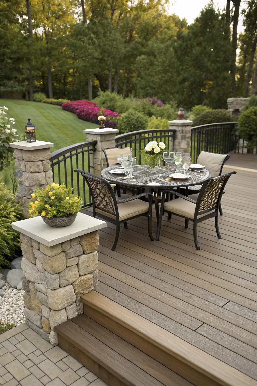 Imitation stone segments append luxury and elegance to this outdoor dining zone.