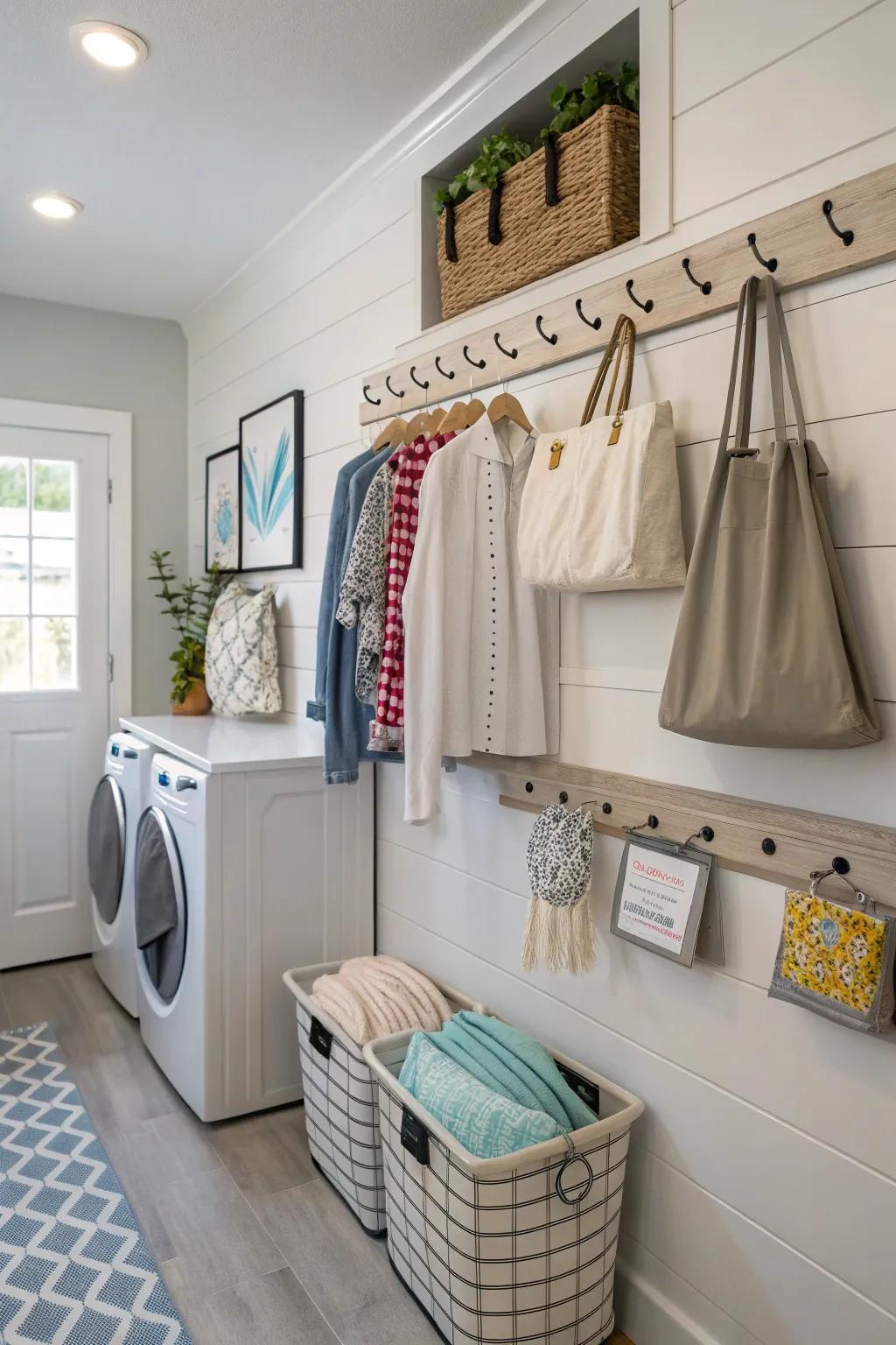 Wall hooks provide stylish and functional storage options.