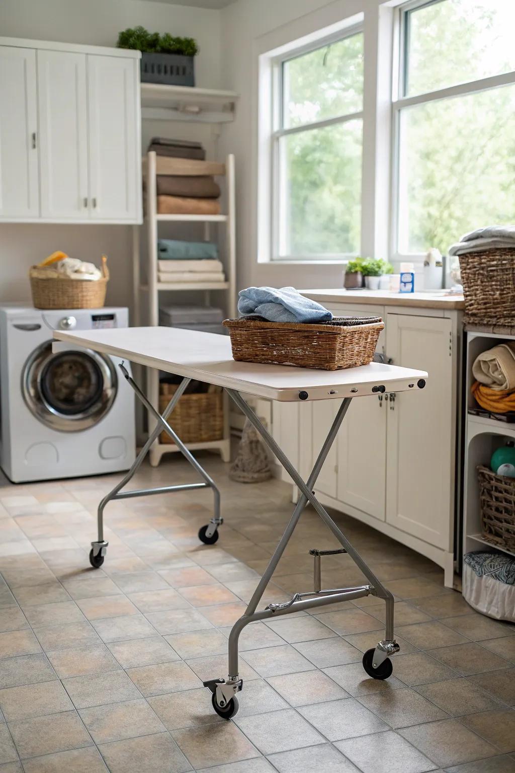 A rolling table adds versatility to your laundry routine.