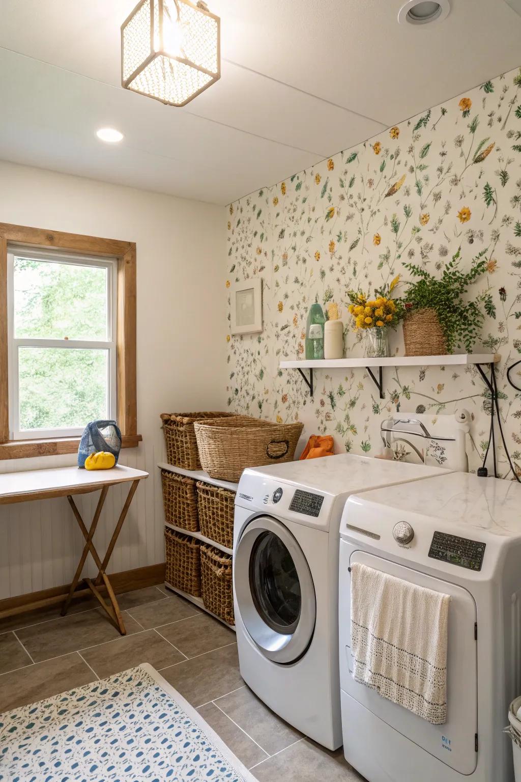 Wallpaper creates a striking and unexpected backdrop in the laundry room.