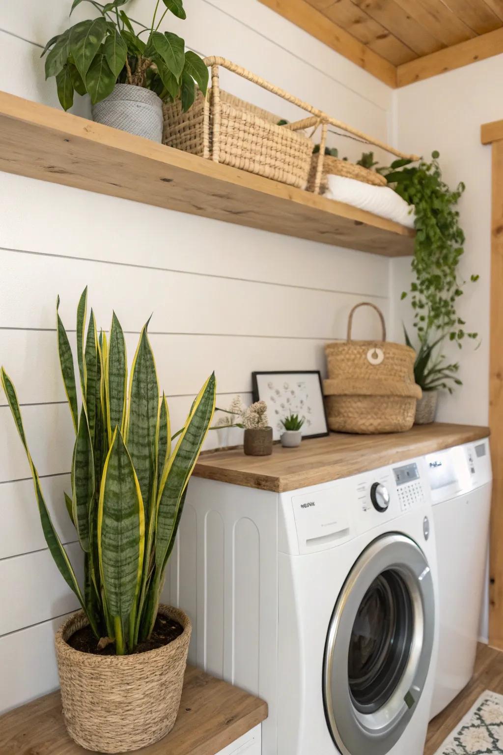 A serpent plant adds a touch of nature to the laundry room.