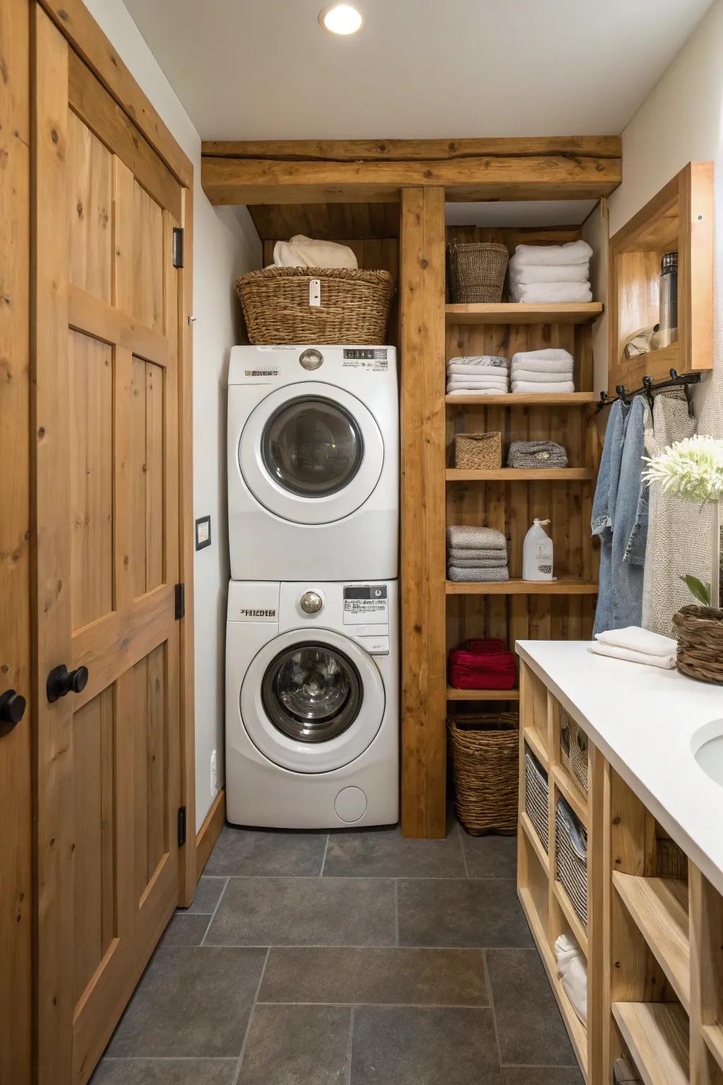 Bring warmth to your laundry room with raw wood accents.