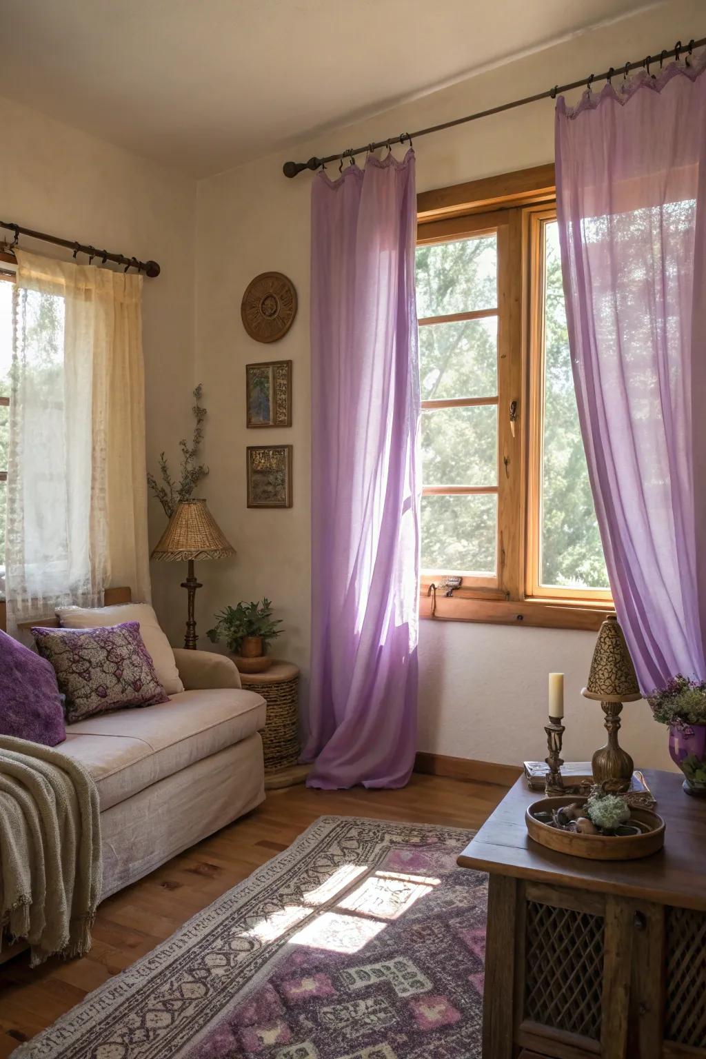 A room transformed by lavender curtains and warm natural light.