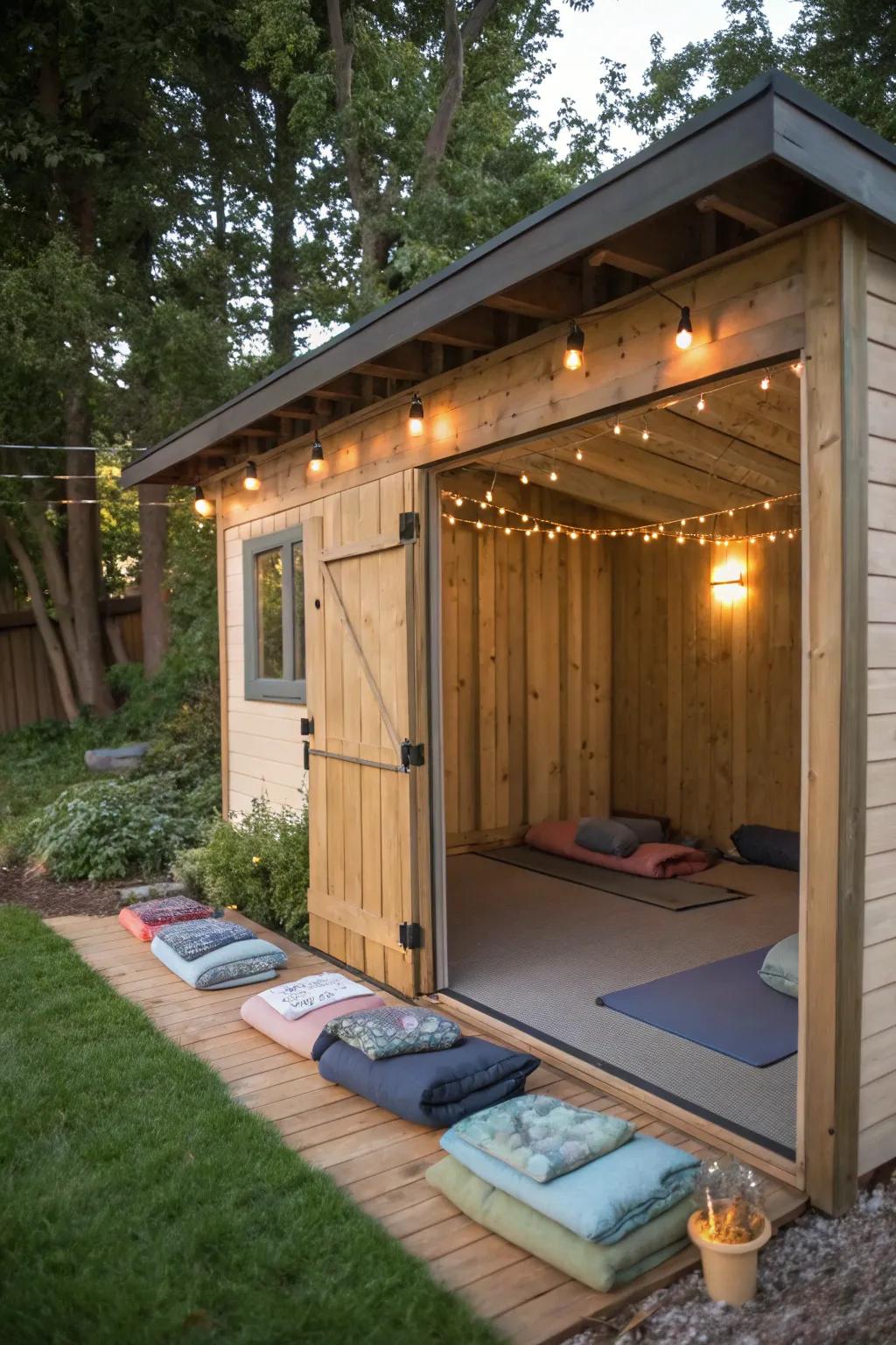 A serene yoga and contemplation sanctuary within a structure.