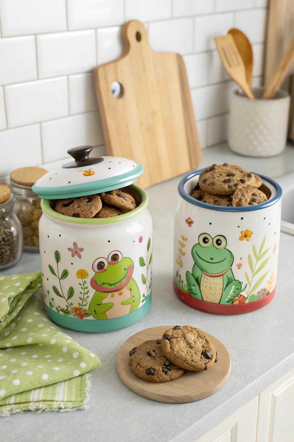 Frog-themed cookie jars store treats in style.