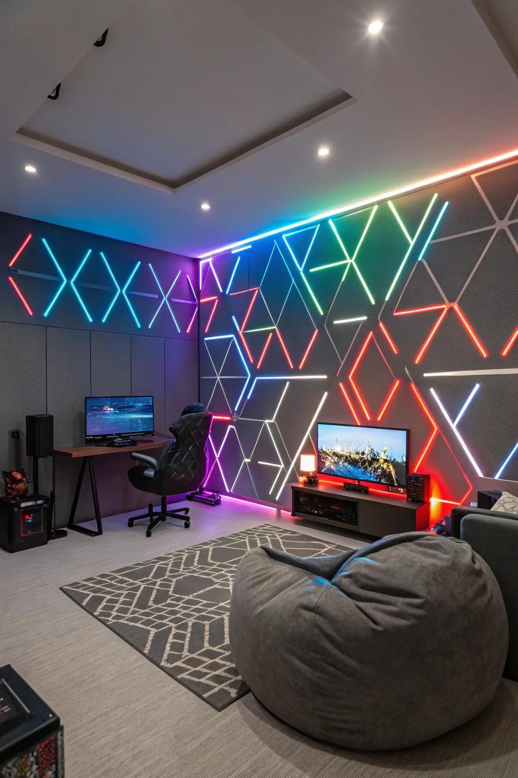 Add depth with geometric LED patterns.