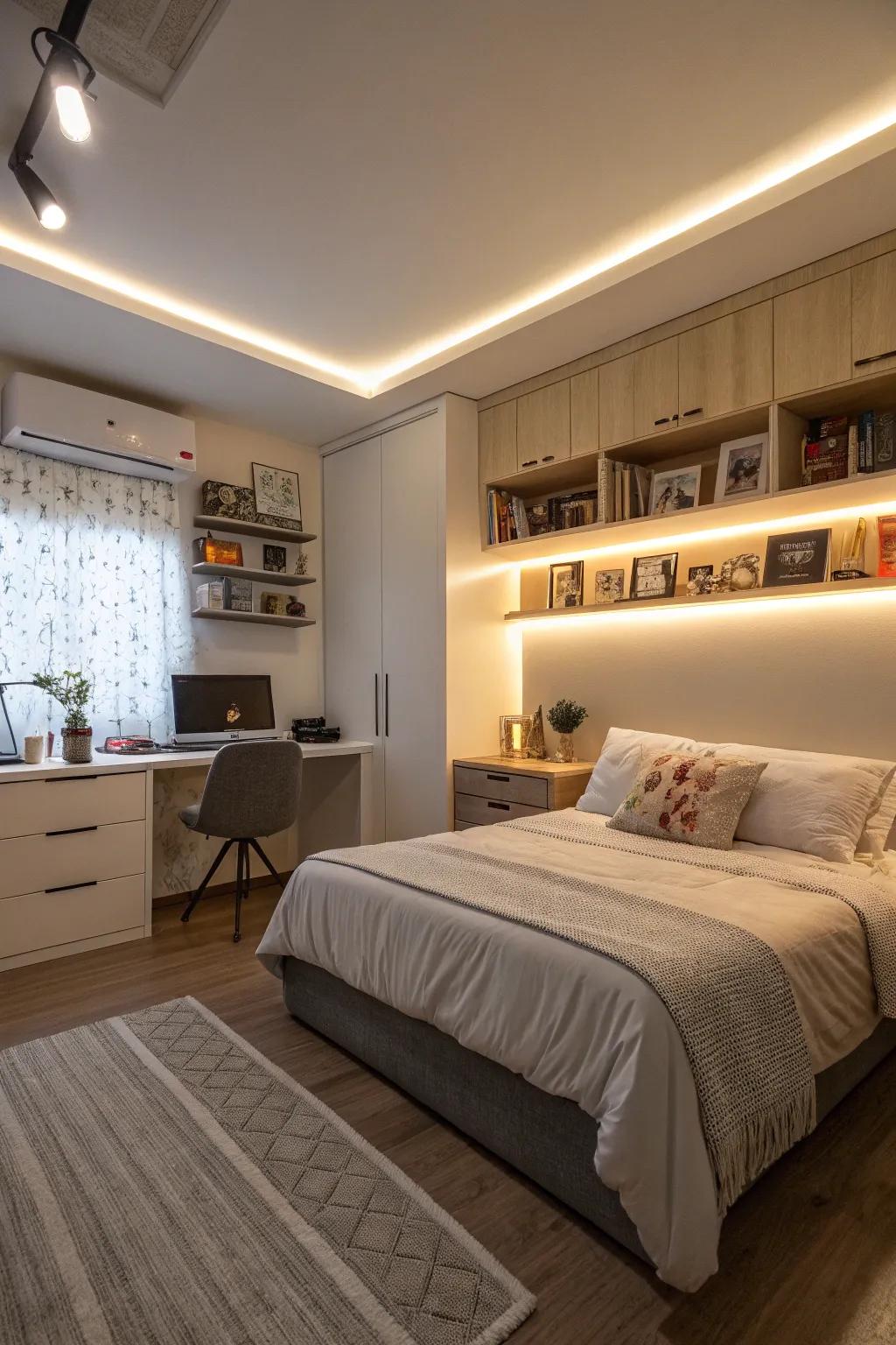 A warm ambiance is created by the use of subtle under-shelf lighting.