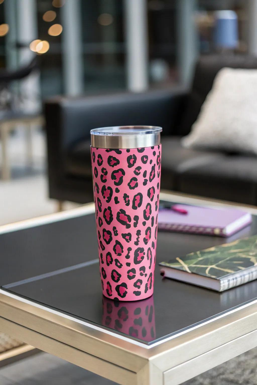 Express yourself with a vivid pink leopard print 'Hydrate in Style'.