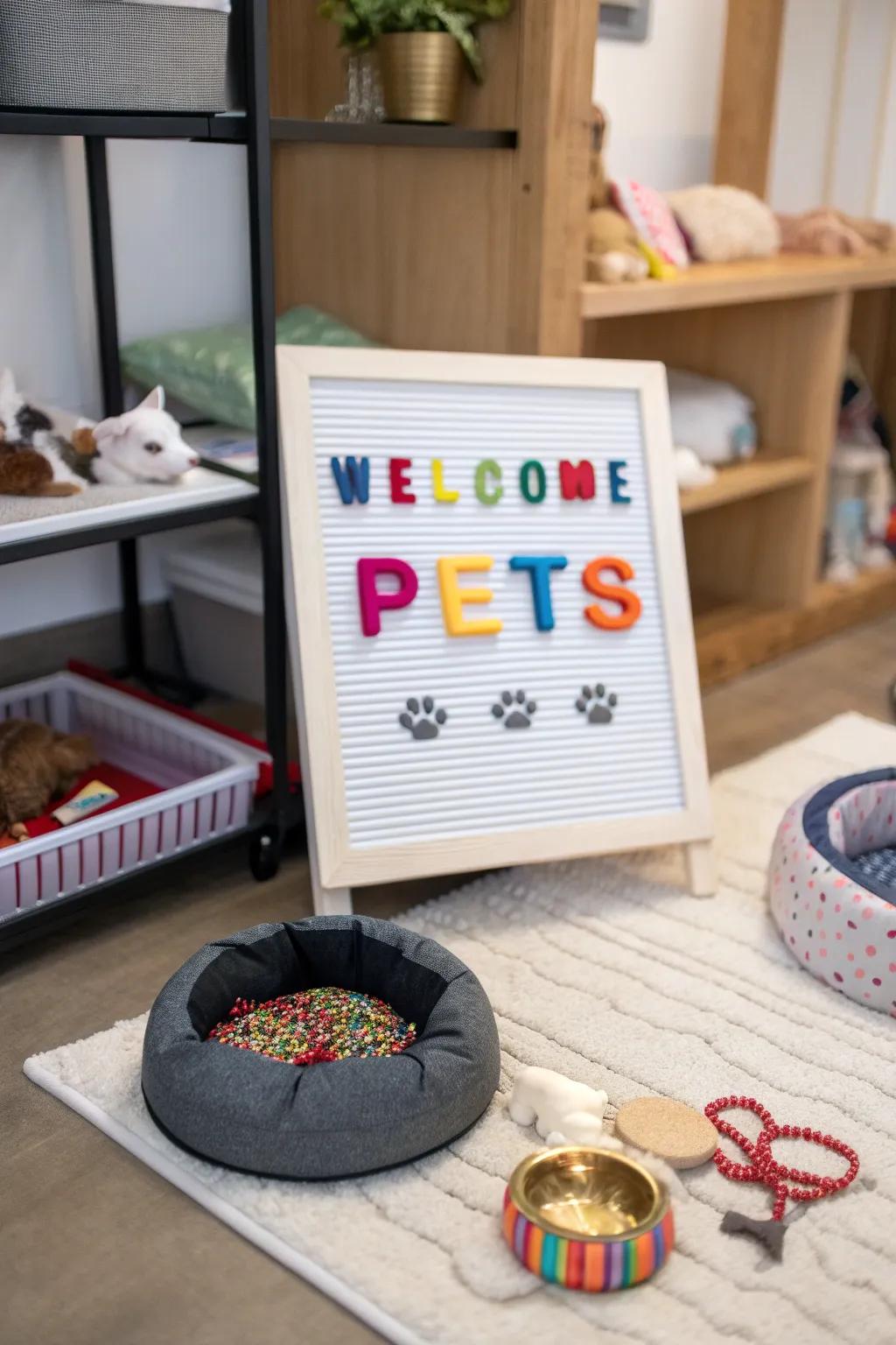 Celebrating pets with a personalized letter board in their special area.