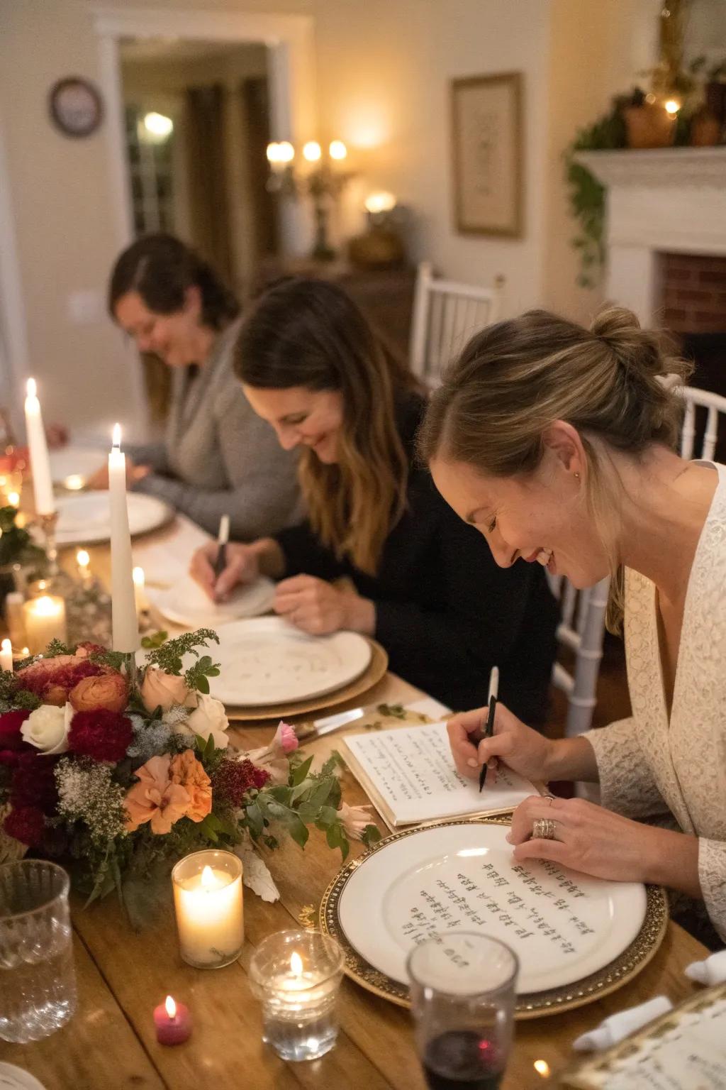 A dinner party where guests inscribe on plates, sharing an intimate moment.
