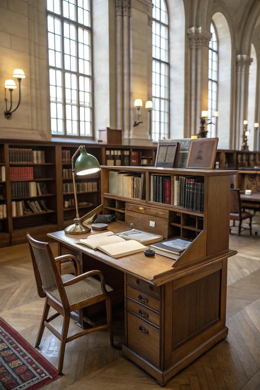 Multi-use library furniture like a fold-out desk for adaptable spaces.